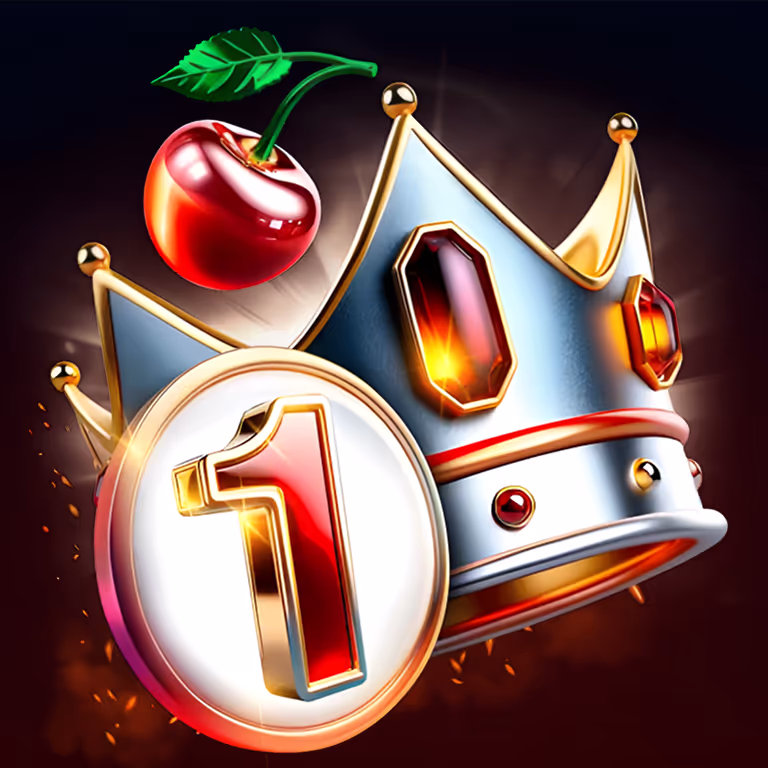 Golden crown with red gems and a red cherry beside a glowing number 1 symbol, representing first-place casino rewards.