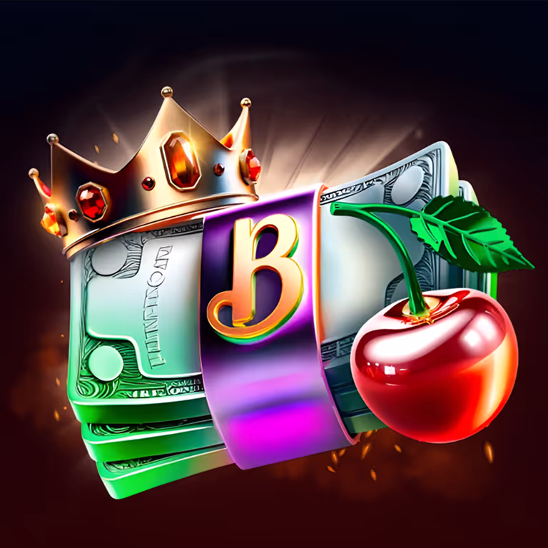 Golden crown, dollar bills, and a red cherry with the Beef Casino “B” logo, illustrating cash prizes and bonus offers.