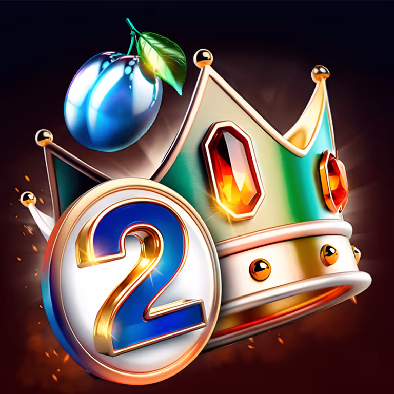 Golden crown with emerald jewels and a blue plum next to a bright number 2 badge, symbolizing tier-two casino bonuses.