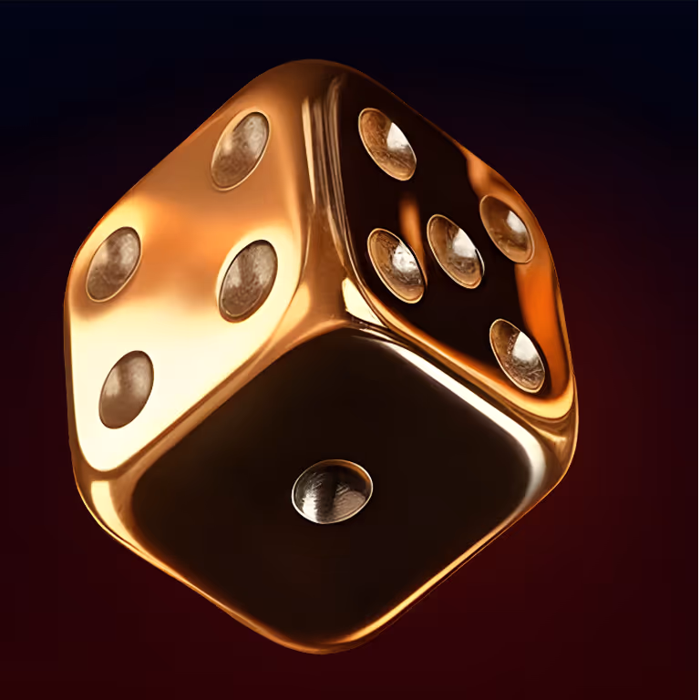 Golden metallic dice floating against a dark background, symbolizing sports betting and game of chance at Beef Casino.