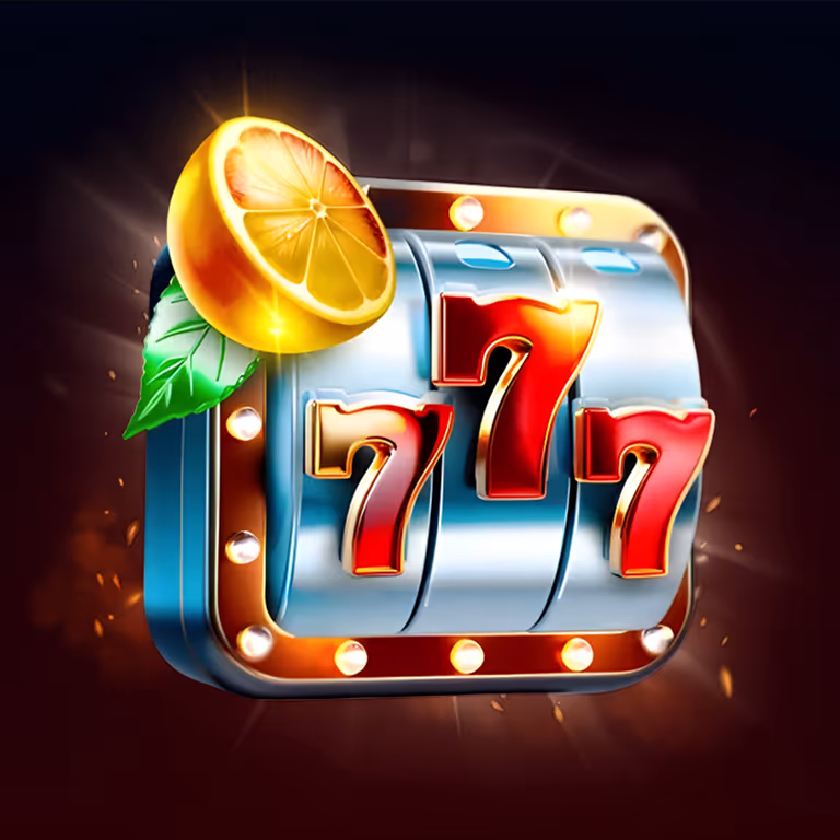 Slot machine showing 777 symbols with a sliced orange and glowing lights, representing jackpot wins at Beef Casino.